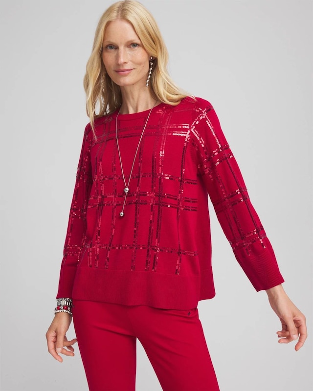 Sequin Plaid Pullover Sweater - image 1